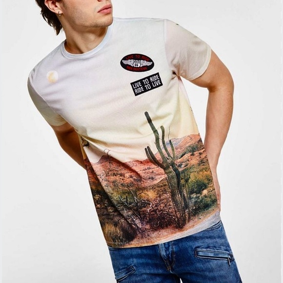 GUESS Men's Desert Sunset Cotton T-Shirt NWT embroidered patches logo Sz L - Picture 1 of 8